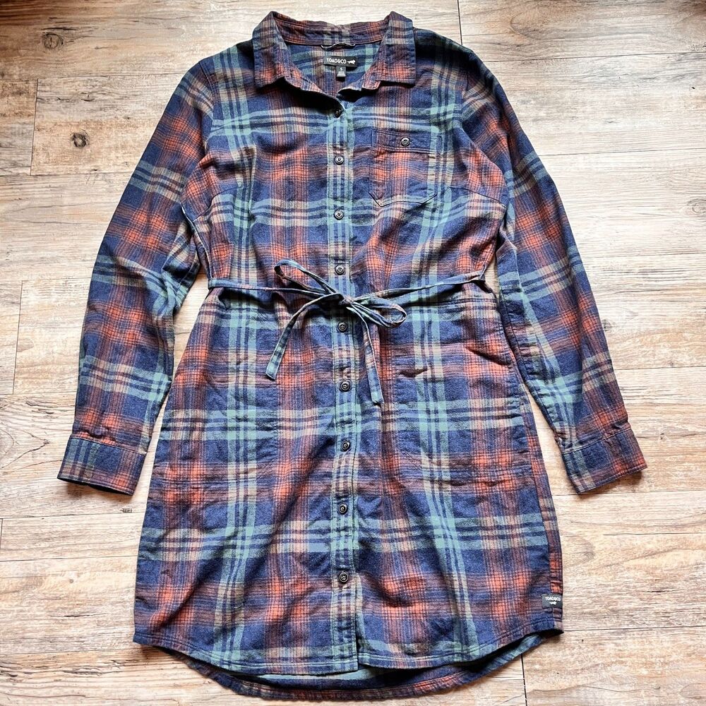 Toad & Co Plaiditude Flannel Shirt Dress Small Plaid Button Down Western Cottage